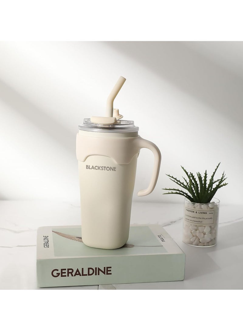 BLACKSTONE كوب سفر معزول من الفولاذ المقاوم للصدأ مع مقبض وقشة فولاذية بسعة 650 مل كريمي - Image 1