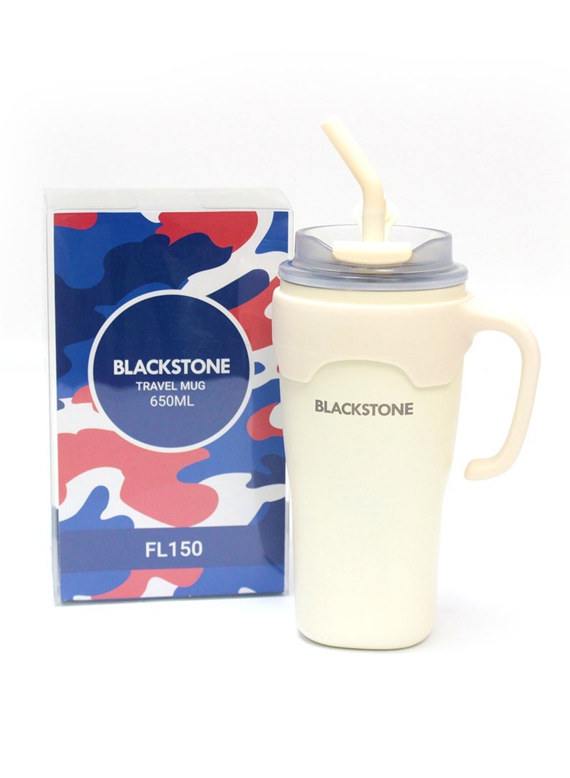 BLACKSTONE كوب سفر معزول من الفولاذ المقاوم للصدأ مع مقبض وقشة فولاذية بسعة 650 مل كريمي - Image 2