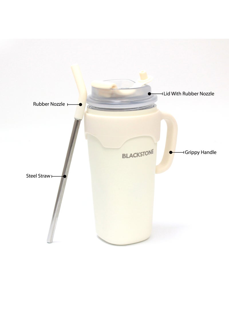 BLACKSTONE كوب سفر معزول من الفولاذ المقاوم للصدأ مع مقبض وقشة فولاذية بسعة 650 مل كريمي - Image 3