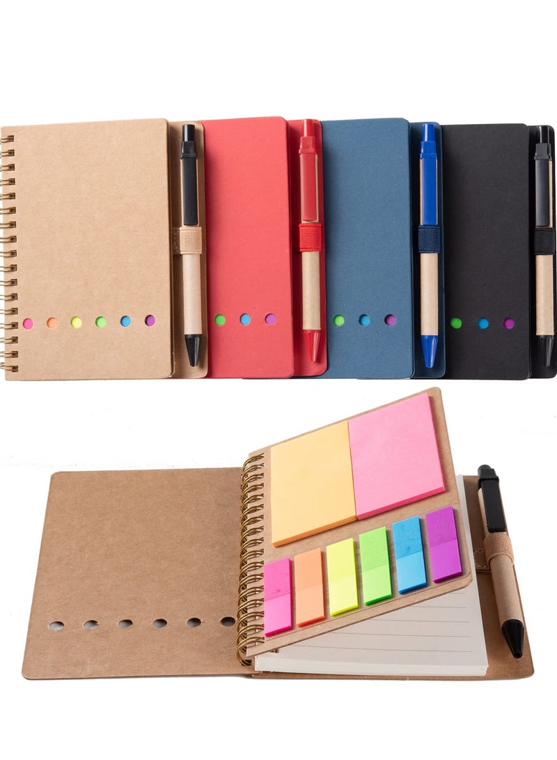 Chielor Chielor 4 Pack Lined Spiral Notebook, A5 Notepad with Pen in Holder Sticky Notes and Page Marker Colored Index Tabs Small Pocket Notebooks for Office School Supplies, 4.7 x 5.9 Inch, 4 Colors  - Image 1