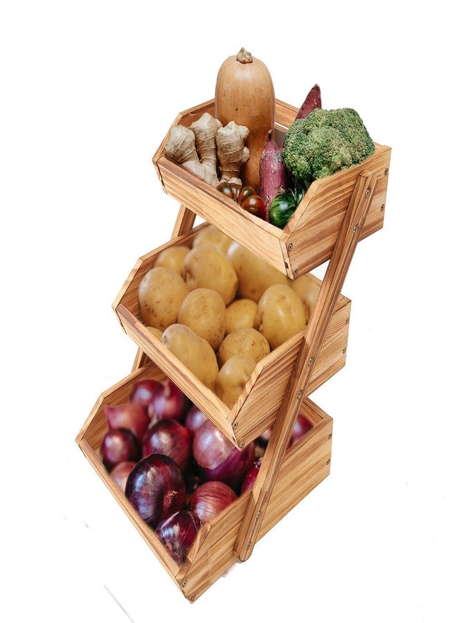 Merysen 3 Tier Wooden Fruit Basket For Kitchen, Bread Vegetable Fruit Basket Bowl Stand, Farmhouse Fruit Bowl for Countertop, Large - Image 5