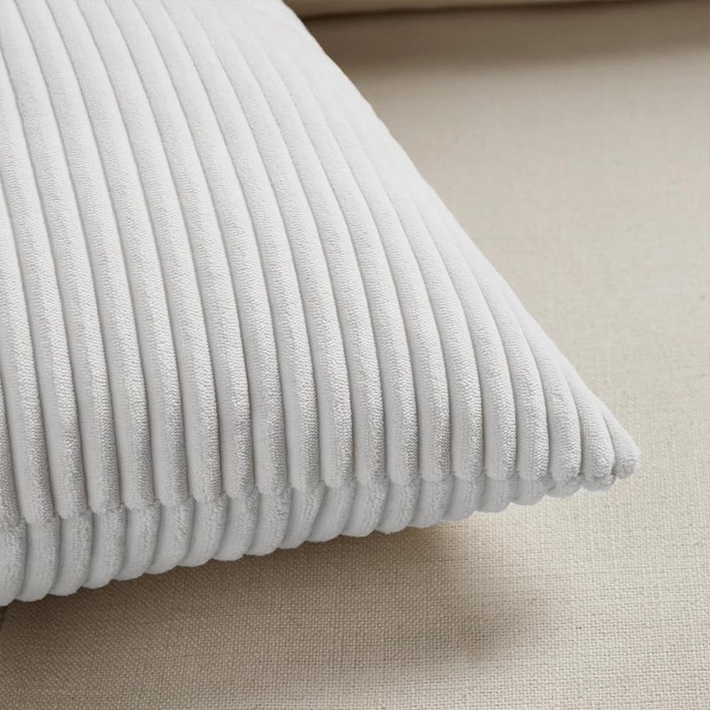 Fancy Homi غطاءان وسائد زخرفية من فانسي هومي باللون الأبيض النقي مقاس 18x18 بوصة لغرفة المعيشة والأريكة والسرير والأسرة، ديكور منزل ريفي بوهيمي، غطاء وسادة ناعم من قماش الكوردوروي المزخرف بتقنية الترقيع والملمس المحبب مربع الشكل مقاس 45x45 سم - Image 5