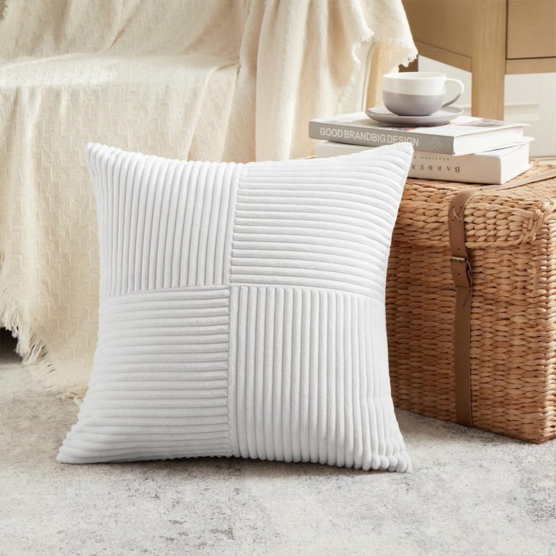 Fancy Homi غطاءان وسائد زخرفية من فانسي هومي باللون الأبيض النقي مقاس 18x18 بوصة لغرفة المعيشة والأريكة والسرير والأسرة، ديكور منزل ريفي بوهيمي، غطاء وسادة ناعم من قماش الكوردوروي المزخرف بتقنية الترقيع والملمس المحبب مربع الشكل مقاس 45x45 سم - Image 2