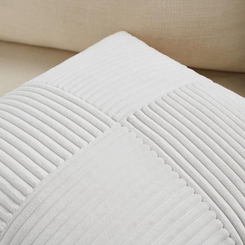 Fancy Homi غطاءان وسائد زخرفية من فانسي هومي باللون الأبيض النقي مقاس 18x18 بوصة لغرفة المعيشة والأريكة والسرير والأسرة، ديكور منزل ريفي بوهيمي، غطاء وسادة ناعم من قماش الكوردوروي المزخرف بتقنية الترقيع والملمس المحبب مربع الشكل مقاس 45x45 سم - Image 3