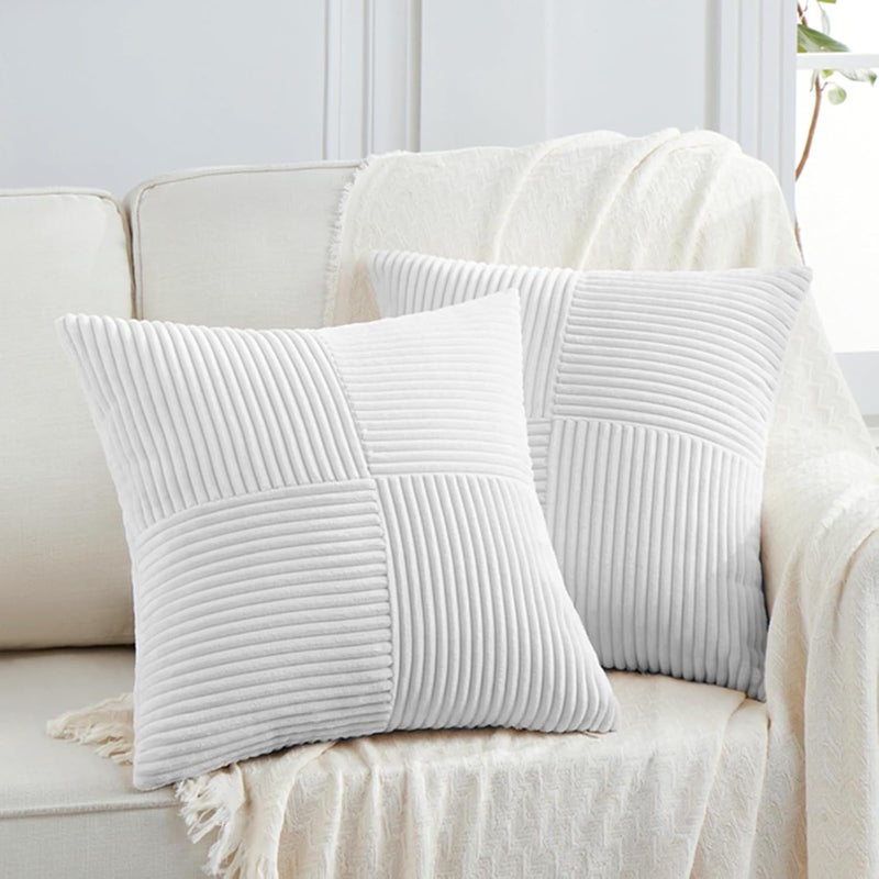 Fancy Homi غطاءان وسائد زخرفية من فانسي هومي باللون الأبيض النقي مقاس 18x18 بوصة لغرفة المعيشة والأريكة والسرير والأسرة، ديكور منزل ريفي بوهيمي، غطاء وسادة ناعم من قماش الكوردوروي المزخرف بتقنية الترقيع والملمس المحبب مربع الشكل مقاس 45x45 سم - Image 1