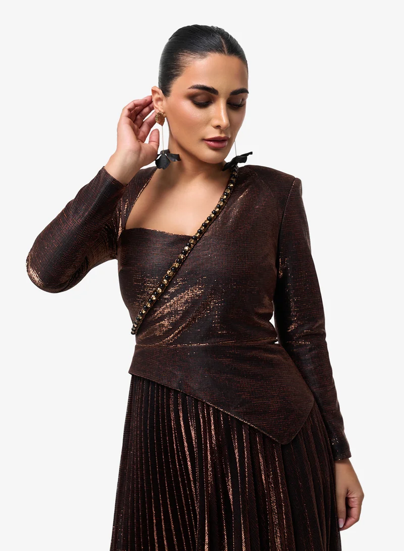 Threadz by Ajooni  Pleated Long Sleeve Midi Dress for Women | Best Price UAE
