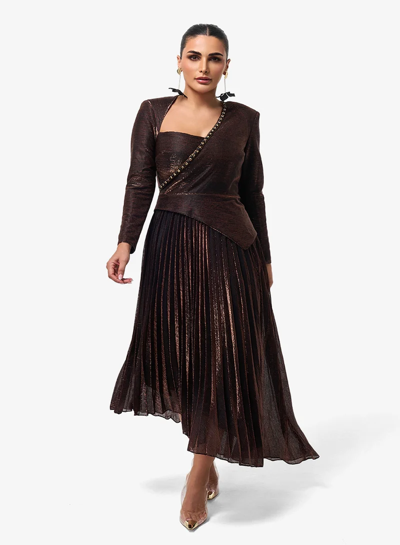 Threadz by Ajooni  Pleated Long Sleeve Midi Dress for Women | Best Price UAE
