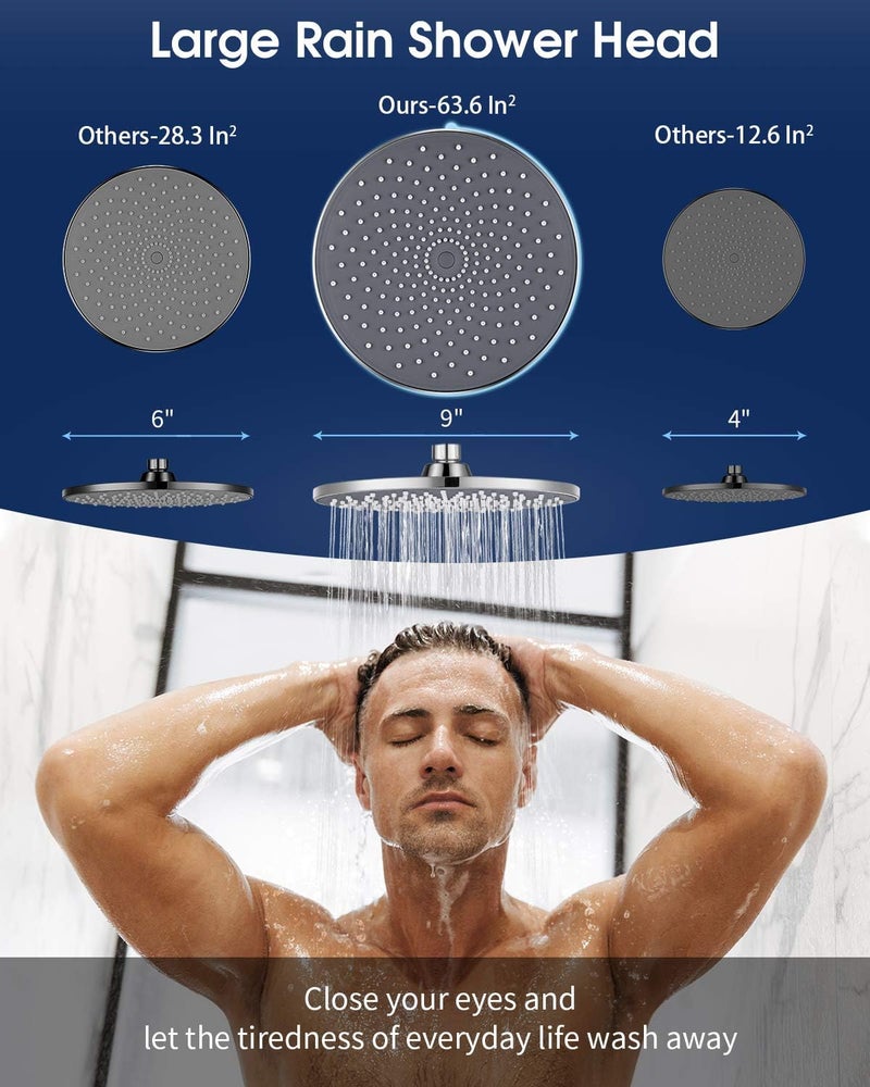 VMASSTONE Large Shower Head 9In High Pressure Showerhead - Tool Free Installation- with Large Spray Surfaces and 200 Nozzles for Delicate and Unstimulate Shower Experience (EM-001 Chrome/Dark Grey) - Image 2
