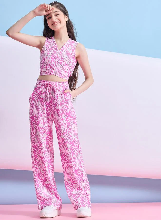 Stylo Bug Girls Pink Floral Print Crop Top and Pants Set