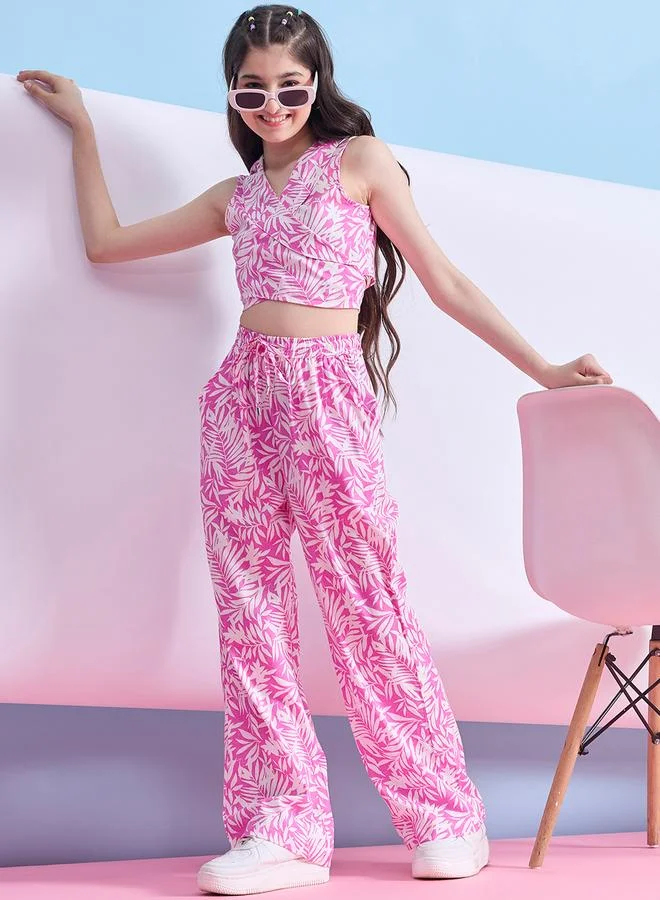 Stylo Bug Girls Pink Floral Print Crop Top and Pants Set
