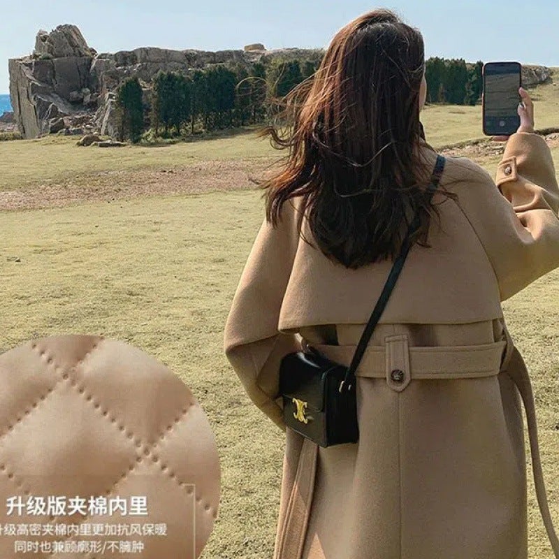 2023 Autumn Winter Woolen Trench Coat for Women khaki (padded)
