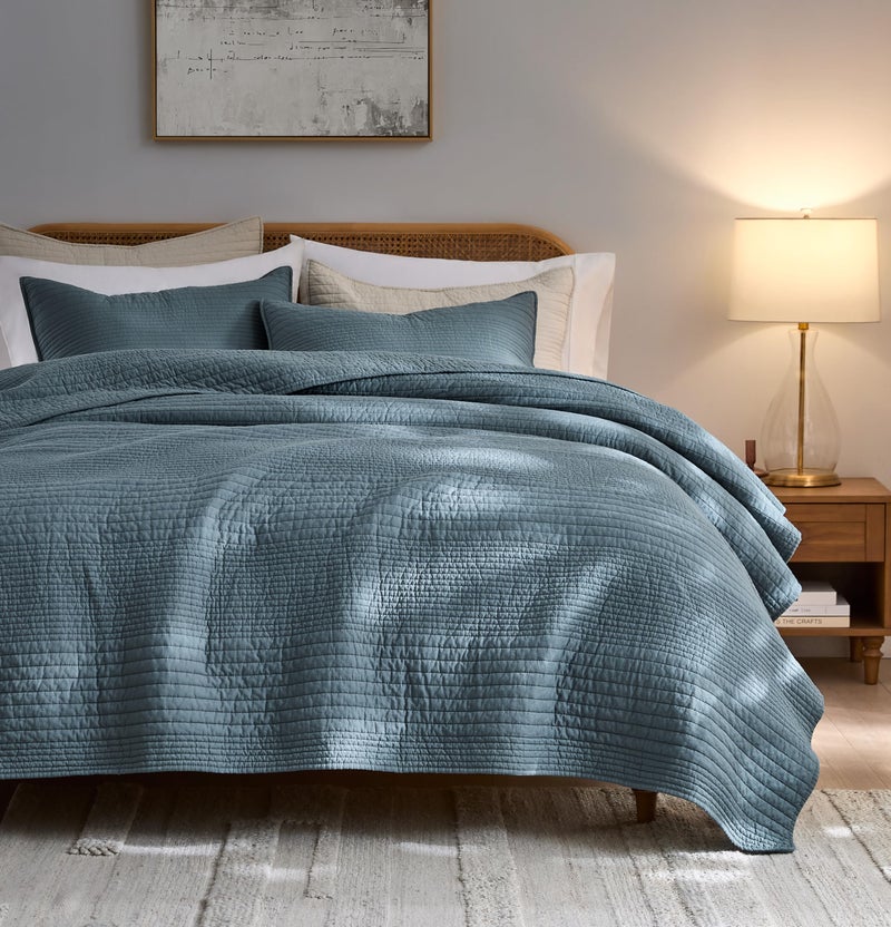 PALASSIO Striped Blue Grey 100% Cotton Quilt California Cal King Size Bedding Sets, Oversized Lightweight Channel Pick Stitch Textured Bedspread Soft Farmhouse Country Coverlet for All Season, 2 Shams - Image 1
