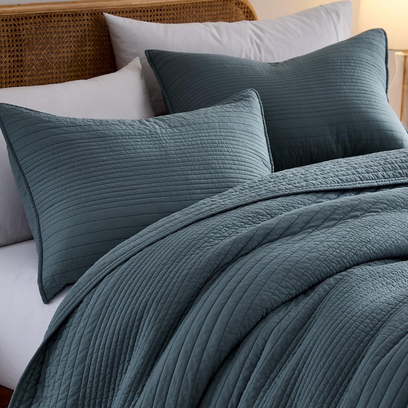 PALASSIO Striped Blue Grey 100% Cotton Quilt California Cal King Size Bedding Sets, Oversized Lightweight Channel Pick Stitch Textured Bedspread Soft Farmhouse Country Coverlet for All Season, 2 Shams - Image 3