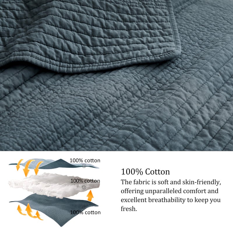 PALASSIO Striped Blue Grey 100% Cotton Quilt California Cal King Size Bedding Sets, Oversized Lightweight Channel Pick Stitch Textured Bedspread Soft Farmhouse Country Coverlet for All Season, 2 Shams - Image 4