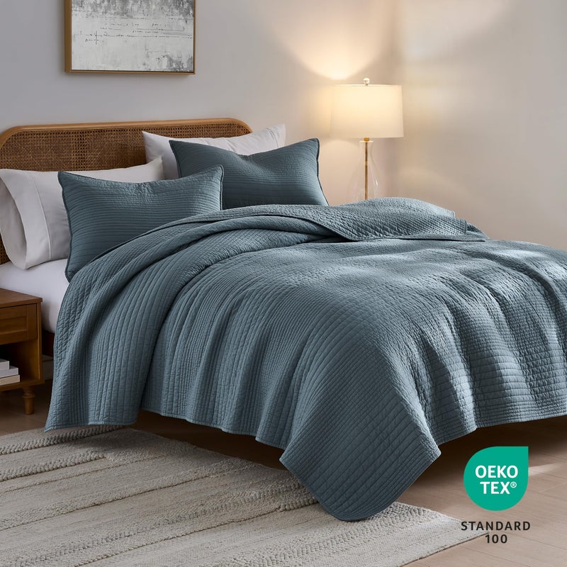 PALASSIO Striped Blue Grey 100% Cotton Quilt California Cal King Size Bedding Sets, Oversized Lightweight Channel Pick Stitch Textured Bedspread Soft Farmhouse Country Coverlet for All Season, 2 Shams - Image 2