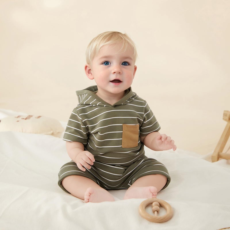 allshope Toddler Baby Boy Summer Outfit Short Sleeve Hooded Stripes Top Casual Shorts Set Infant Newborn Clothes 6 12 18 24 Month (Color Army Green, 12-18 Months) - Image 2