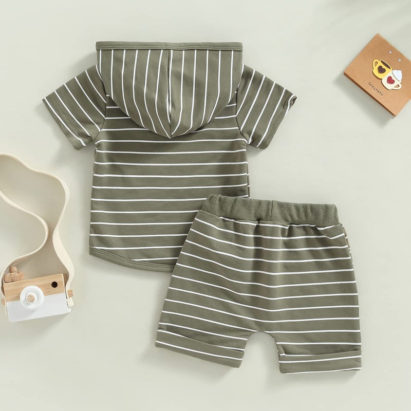 allshope Toddler Baby Boy Summer Outfit Short Sleeve Hooded Stripes Top Casual Shorts Set Infant Newborn Clothes 6 12 18 24 Month (Color Army Green, 12-18 Months) - Image 3