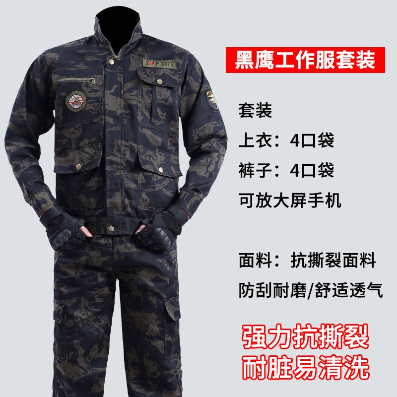 Spring and Autumn Camouflage Work Clothes Mens Anti-Scratch Wear-Resistant Labor Protection Clothing Thickened New suit Pants Site Maintenance Auto Repair Clothing Blackhawk camouflage suit 