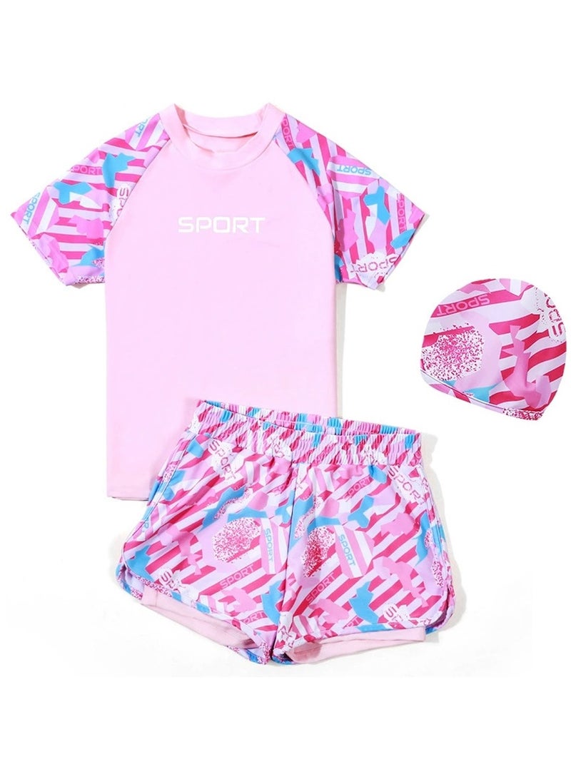 Loquat Girls Split Swimsuit Set Short Sleeve Swim Shirts,Double Layered Swim Trunks And Swim Cap Bathing Suits