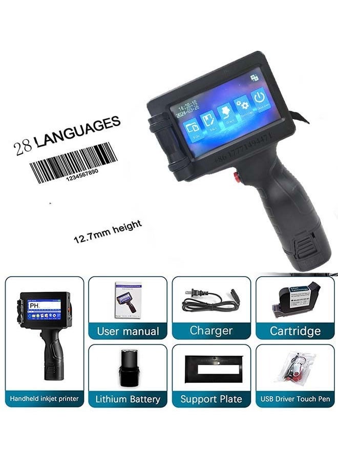 طابعة نفث الحبر المحمولة لأي سطح لـ QRCode، الباركود، تاريخ الإنتاج، الوقت، الشعار، رقم الدفعة، الطباعة على حقيبة زجاجية، صندوق كرتوني، قماش خشبي، كابل بلاستيكي (28 لغة)