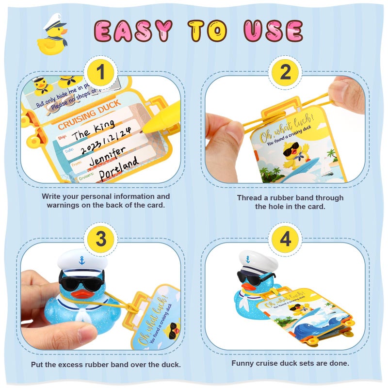 Halloscume 72 Pcs Duck Tag Cruise Kit Includes 24 Mini Cruise Glitter Rubber Ducks with Sunglasses Bulk 24 Duck Tags 24 Elastic Rubber Bands for Cruising Luggage Game Rewards (Suitcase Style) - Image 5