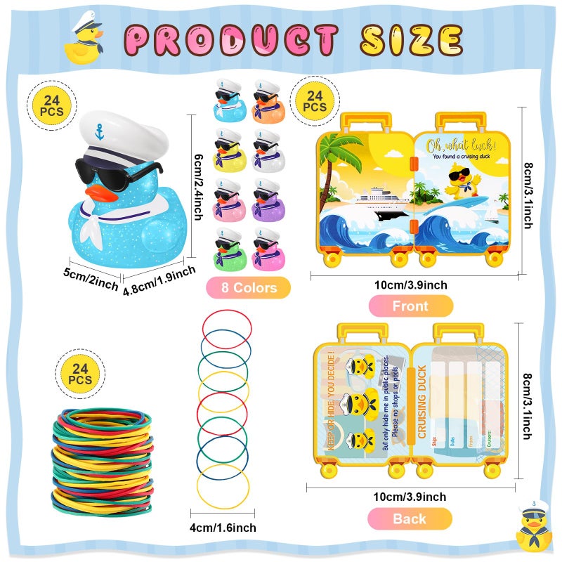 Halloscume 72 Pcs Duck Tag Cruise Kit Includes 24 Mini Cruise Glitter Rubber Ducks with Sunglasses Bulk 24 Duck Tags 24 Elastic Rubber Bands for Cruising Luggage Game Rewards (Suitcase Style) - Image 4