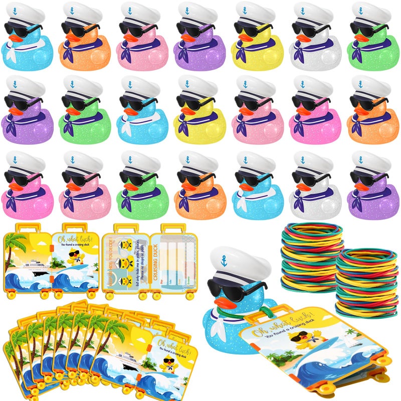Halloscume 72 Pcs Duck Tag Cruise Kit Includes 24 Mini Cruise Glitter Rubber Ducks with Sunglasses Bulk 24 Duck Tags 24 Elastic Rubber Bands for Cruising Luggage Game Rewards (Suitcase Style) - Image 1