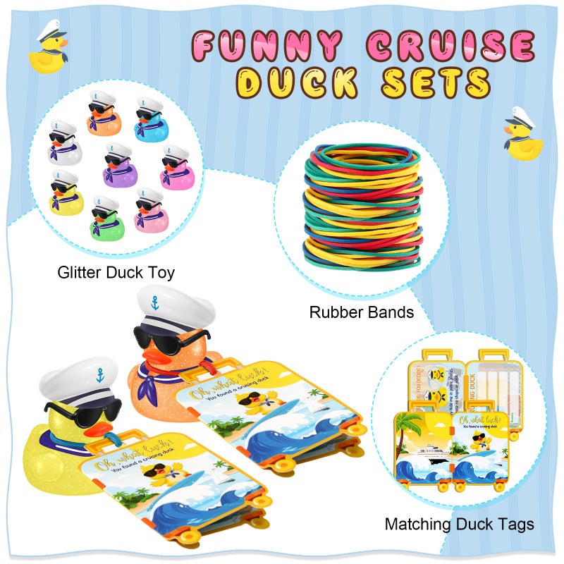 Halloscume 72 Pcs Duck Tag Cruise Kit Includes 24 Mini Cruise Glitter Rubber Ducks with Sunglasses Bulk 24 Duck Tags 24 Elastic Rubber Bands for Cruising Luggage Game Rewards (Suitcase Style) - Image 2