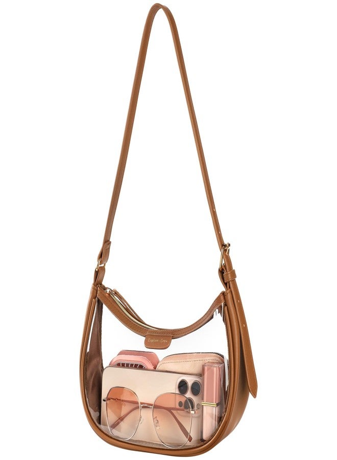 PACKISM Clear Shoulder Bags for Women 9x6x3 - Clear Bag for Stadium Events, PVC Leather Handbag Transparent Bag with 11-14 Inch Adjustable Short Strap, Perfect for Sport Events Concert Daily, Brown - Image 1