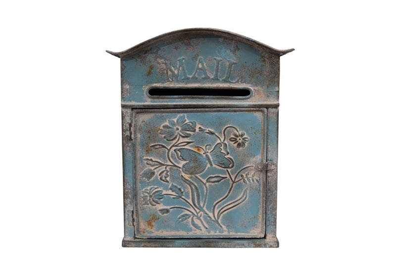 Creative Co-op Creative CoOp Distressed Blue Embossed Tin Mail Box - Image 1