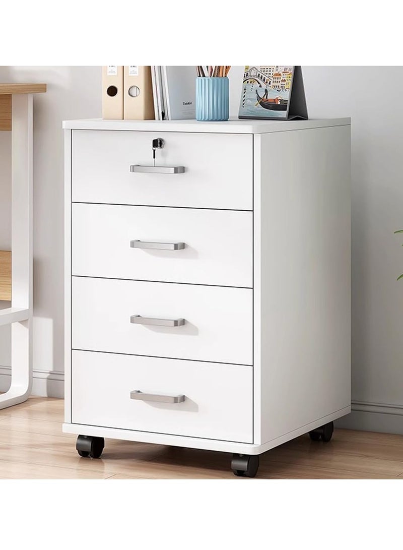 Movable Filing Cabinet with 4 Drawer Lockable Office Cabinet with Wheels in White Industrial Wood