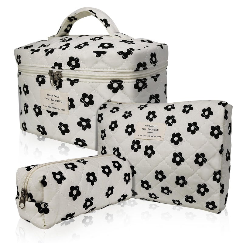 Gosect 3pc Makeup Bag Set, Quilted Makeup Bag Set, Large Floral Cosmetic Bag for Women, Cute Cotton Makeup Bags, Flower Travel Toiletry Organizer Bag (Black Flowers) - Image 1