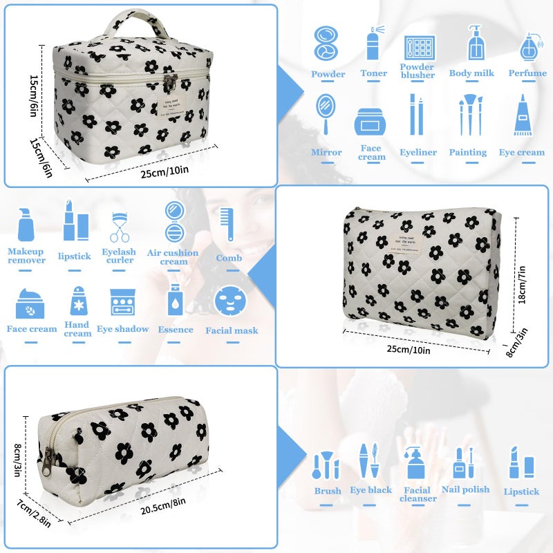 Gosect 3pc Makeup Bag Set, Quilted Makeup Bag Set, Large Floral Cosmetic Bag for Women, Cute Cotton Makeup Bags, Flower Travel Toiletry Organizer Bag (Black Flowers) - Image 3