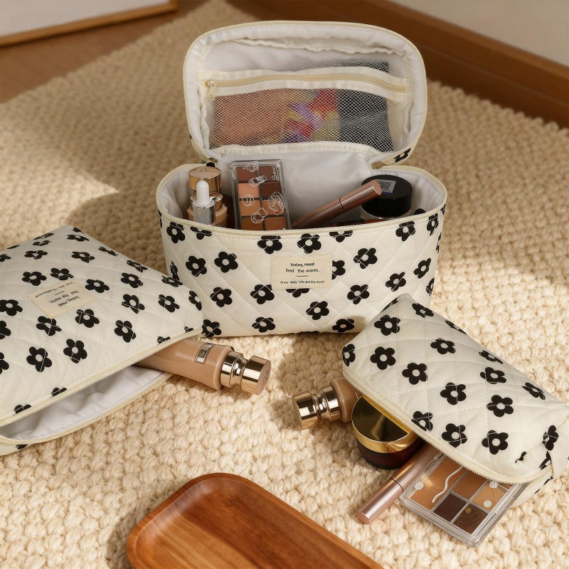 Gosect 3pc Makeup Bag Set, Quilted Makeup Bag Set, Large Floral Cosmetic Bag for Women, Cute Cotton Makeup Bags, Flower Travel Toiletry Organizer Bag (Black Flowers) - Image 2