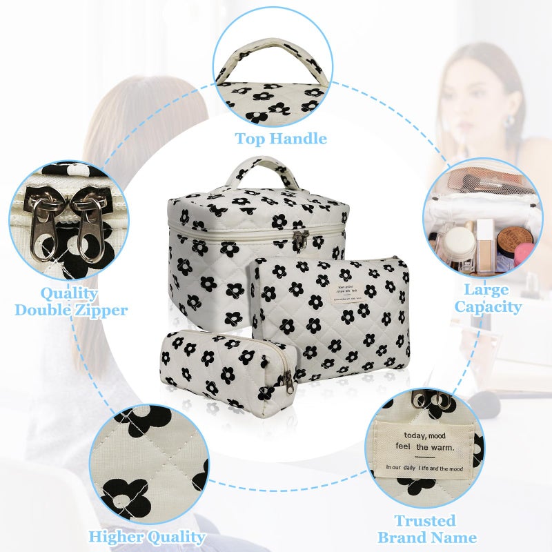 Gosect 3pc Makeup Bag Set, Quilted Makeup Bag Set, Large Floral Cosmetic Bag for Women, Cute Cotton Makeup Bags, Flower Travel Toiletry Organizer Bag (Black Flowers) - Image 4