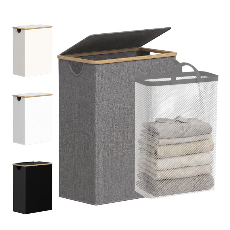efluky Slim Laundry Basket with Lid Narrow Laundry Hamper with Removable Bag Skinny Dirty Clothes Basket with Bamboo Handles for Bathroom Bedroom Laundry Room 65L Grey - Image 2
