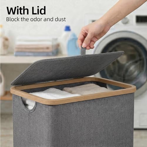 efluky Slim Laundry Basket with Lid Narrow Laundry Hamper with Removable Bag Skinny Dirty Clothes Basket with Bamboo Handles for Bathroom Bedroom Laundry Room 65L Grey - Image 3