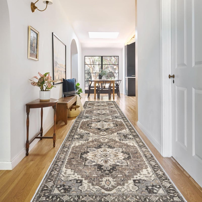 RUUGME Washable Kitchen Runner Rug - 2'6''x12' Hallway Rug Distressed Mats Non-Slip Soft Room Floor Carpet for Dining Room (Beige, 2'6'' x 12') - Image 1