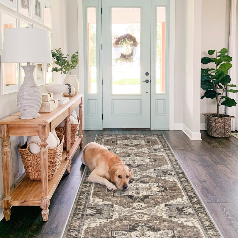 RUUGME Washable Kitchen Runner Rug - 2'6''x12' Hallway Rug Distressed Mats Non-Slip Soft Room Floor Carpet for Dining Room (Beige, 2'6'' x 12') - Image 2