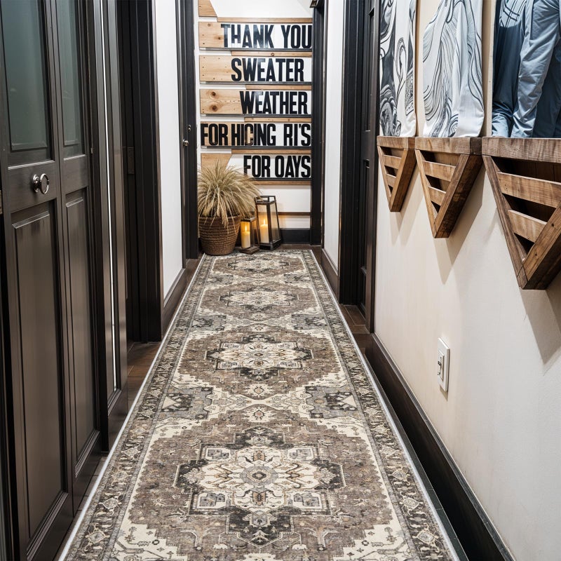 RUUGME Washable Kitchen Runner Rug - 2'6''x12' Hallway Rug Distressed Mats Non-Slip Soft Room Floor Carpet for Dining Room (Beige, 2'6'' x 12') - Image 3