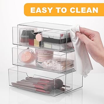 Hejo 3 Pcs Cosmetics Organiser with Drawer Transparent Acrylic Makeup Organisers Storage Stackable Skincare Organiser Simplicit Dressing Table Organisers for Bedroom Bathroom Vanity - Image 5