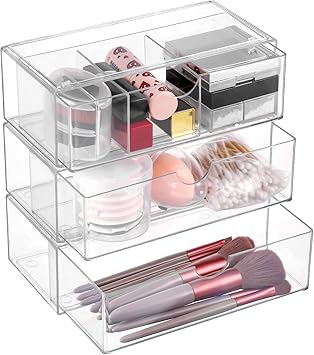 Hejo 3 Pcs Cosmetics Organiser with Drawer Transparent Acrylic Makeup Organisers Storage Stackable Skincare Organiser Simplicit Dressing Table Organisers for Bedroom Bathroom Vanity - Image 1