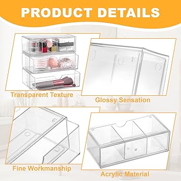 Hejo 3 Pcs Cosmetics Organiser with Drawer Transparent Acrylic Makeup Organisers Storage Stackable Skincare Organiser Simplicit Dressing Table Organisers for Bedroom Bathroom Vanity - Image 3