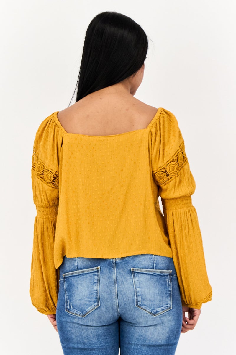 ONLY Women Square Neck Long Sleeves Textured Blouse, Gold - Image 3