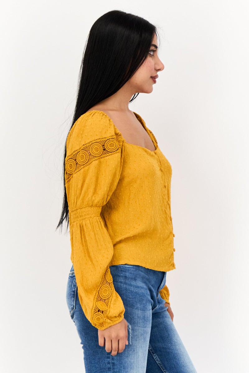 ONLY Women Square Neck Long Sleeves Textured Blouse, Gold - Image 4