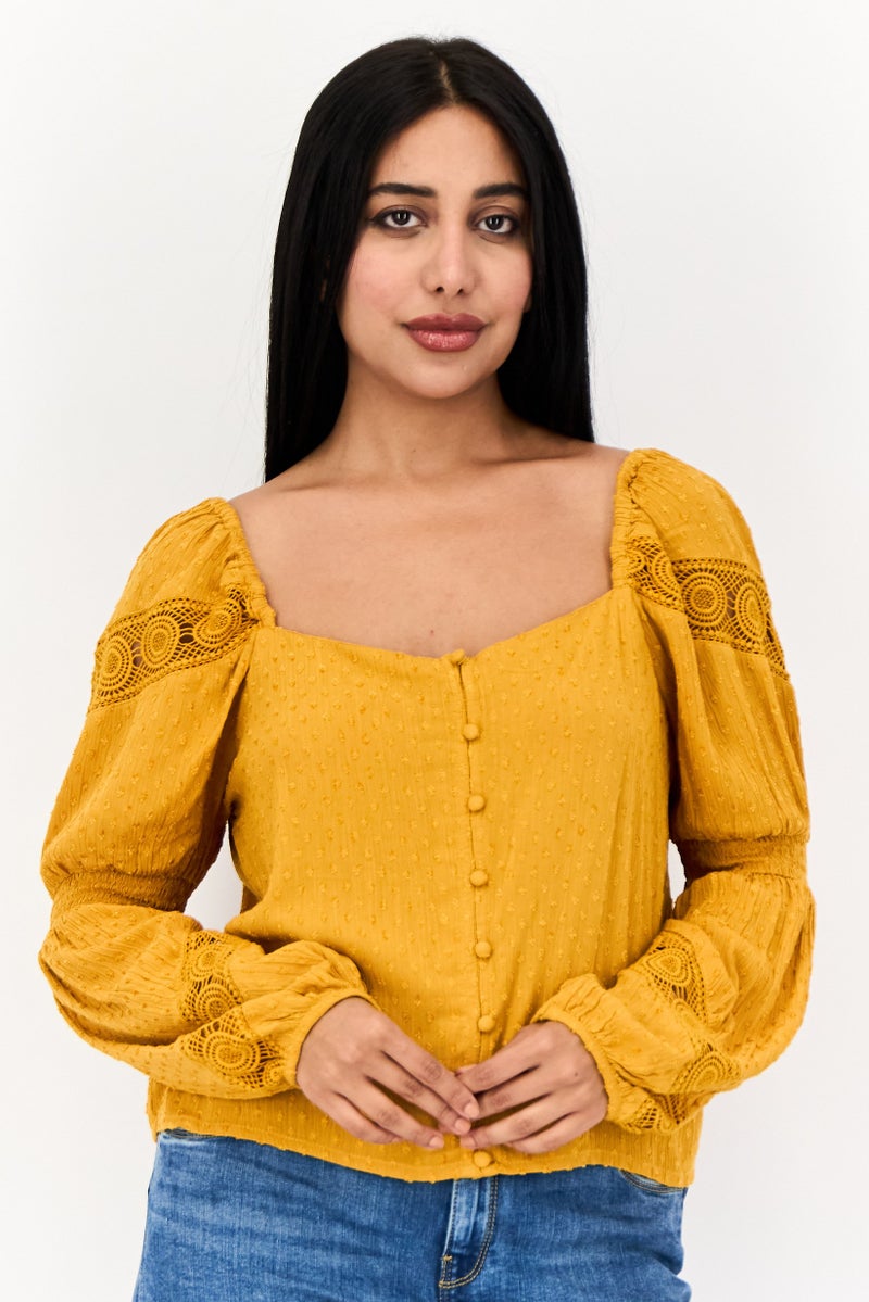 ONLY Women Square Neck Long Sleeves Textured Blouse, Gold - Image 1