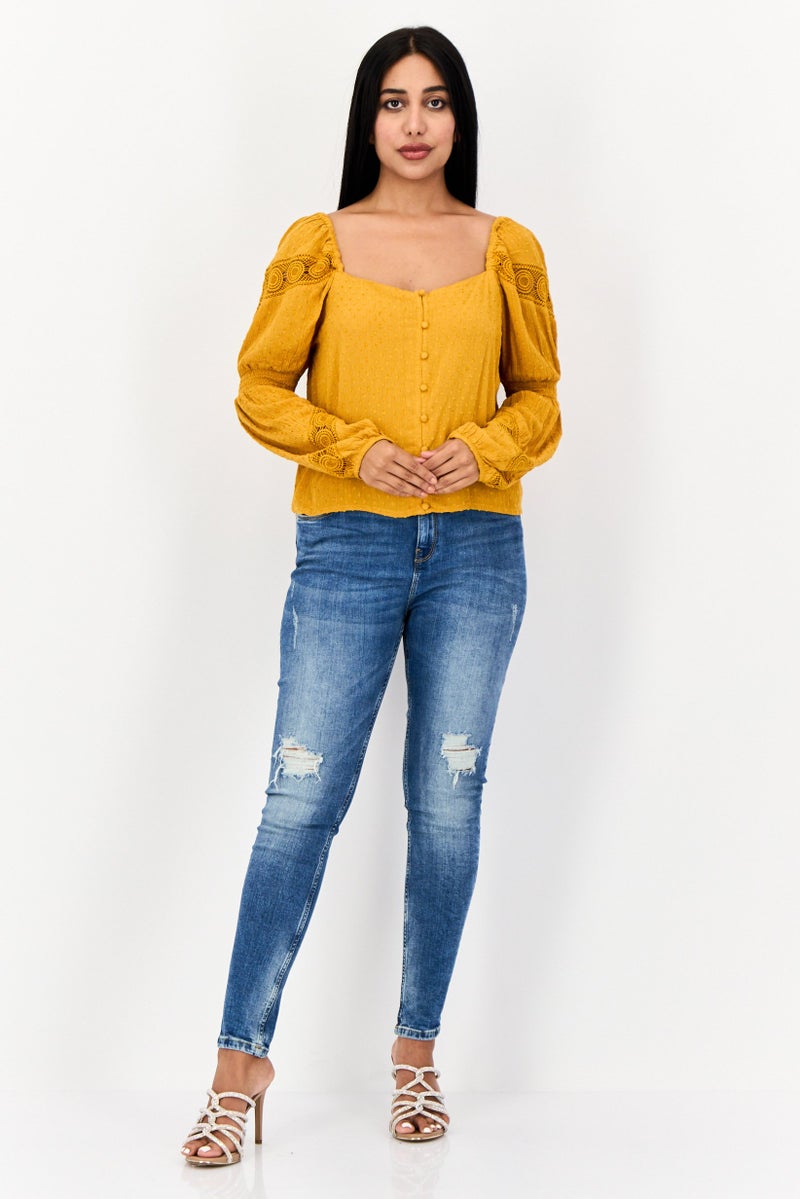 ONLY Women Square Neck Long Sleeves Textured Blouse, Gold - Image 2