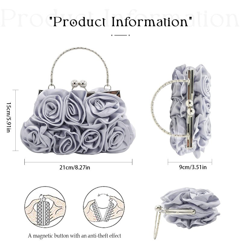 JAMBHALA Women Evening Clutch Bag Dressy Floral Satin Small Purses with Detachable Strap for Party, Prom, Formal,Silver - Image 4