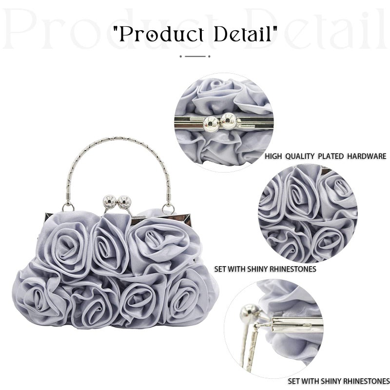 JAMBHALA Women Evening Clutch Bag Dressy Floral Satin Small Purses with Detachable Strap for Party, Prom, Formal,Silver - Image 5