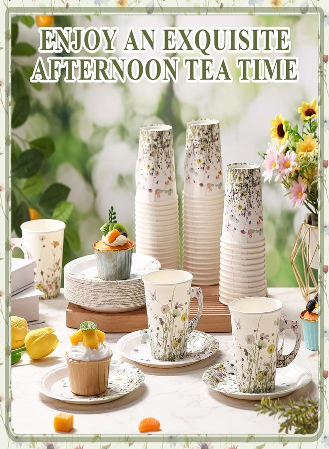 Rtteri طقم أكواب شاي ورقية مزهرة 50 مجموعة 9 أونص قابلة للتخلص مع مقبض وأطباق لأكواب الشاي والصحون لحفلات الزهور البرية الصيفية لمشروبات ساخنة وباردة وزينة حفلات الزفاف وحفلات استقبال المواليد - Image 5